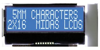 MIDAS DISPLAYS MCCOG21605B6W-BNMLWI LCD DISP ALPHAN, 16 X 2, WHITE ON BLUE