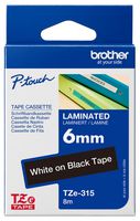 BROTHER TZE-315 TAPE, WHITE ON BLACK, 6MM W, 8M L