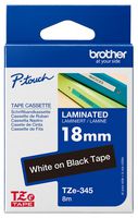 BROTHER TZE-345 TAPE, WHITE ON BLACK, 18MM W, 8M L