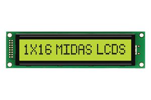 MIDAS DISPLAYS MC11615A6W-SPTLY-V2 Alphanumeric LCD, 16 x 1, Black on Yellow / Green, 5V, English, Japanese, Transflective