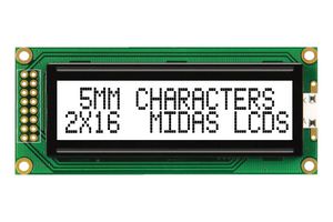 MIDAS DISPLAYS MC21605B6W-FPTLW-V2 Alphanumeric LCD, 16 x 2, 5V, English, Euro, Japanese, Transflective