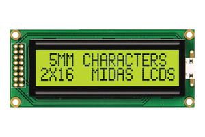 MIDAS DISPLAYS MC21605B6WK-SPTLY-V2 LCD Alfanumérico, 16 x 2, 5 V, Inglés, Europeo, Japonés, Transflectivo