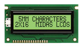 MIDAS DISPLAYS MC21605AB6W-GPTLY-V2 Alphanumeric LCD, 16 x 2, Black on Grey, 5V, Parallel, English, Japanese, Transflective