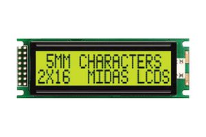 MIDAS DISPLAYS MC21605DA6W-SPTLY-V2 Alphanumeric LCD, 16 x 2, Black on Yellow / Green, 5V, Parallel, English, Japanese, Transflective