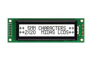 MIDAS DISPLAYS MC22005A6WK-FPTLW-V2 LCD Alfanumérico, 20 x 2, Negro sobre Blanco, 5 V, Paralelo, Inglés, Europeo, Transflectivo