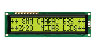 MIDAS DISPLAYS MC22008B6W-SPTLY-V2 LCD Alfanumérico, 20 x 2, Negro sobre Amarillo / Verde, 5 V, Paralelo, Inglés, Japonés