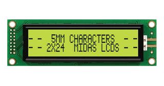 MIDAS DISPLAYS MC22405A6W-SPTLY-V2 Alphanumeric LCD, 24 x 2, Black on Yellow / Green, 5V, Parallel, English, Japanese, Transflective