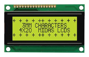 MIDAS DISPLAYS MC42004A6W-SPR-V2 Alphanumeric LCD, 20 x 4, Black on Yellow / Green, 5V, Parallel, English, Japanese, Reflective