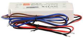 MEAN WELL LPV-35-12 LED Driver, 36 W, 12 V, 3 A, Constant Voltage, 90 V, 264 V