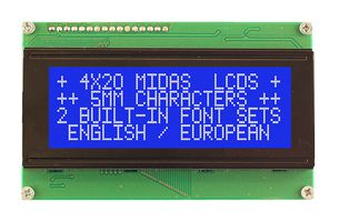 MIDAS DISPLAYS MC42005A6WK-BNMLW-V2 Alphanumeric LCD, 20 x 4, White on Blue, 5V, Parallel, English, Euro, Transmissive