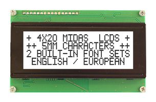 MIDAS DISPLAYS MC42005A6WK-FPTLW-V2 LCD Alfanumérico, 20 x 4, Negro sobre Blanco, 5 V, Paralelo, Inglés, Europeo, Transflectivo