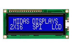 MIDAS DISPLAYS MC21605C6W-BNMLWS-V2 Alphanumeric LCD, 16 x 2, White on Blue, 5V, SPI, English, Japanese, Transmissive