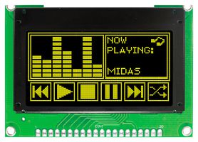 MIDAS DISPLAYS MCOB128064T1V-YP Graphic OLED, 128 x 64 Pixels, Yellow on Black, 3V, Parallel, 75mm x 52.7mm, -40 °C