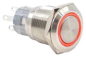 E-SWITCH PV4F2B0SS-3R5 Vandal Resistant Switch, Ring Illumination/24V LED, PV4 Series, 19 mm, SPDT, On-(On), Round Flat