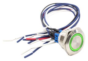 E-SWITCH PV9FWV0SS-331 Vandal Resistant Switch, Ring Illuminated, PV9 Series, 28 mm, DPDT-DB, Off-(On), On-(Off)