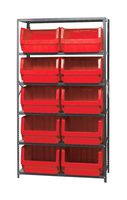 QUANTUM STORAGE MSU-543RD Shelving Unit, 6 Shelves, 10 Bins, Red, 75 " X 18 " X 42 "