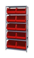QUANTUM STORAGE QSBU-270RD Shelving Unit, 6 Shelves, 10 Bins, Red, 75 " X 18 " X 36 "