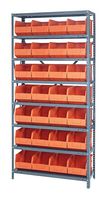 QUANTUM STORAGE 1275-423OR Shelving Unit, 8 Shelves, 28 Bins, Orange, 75 " X 12 " X 36 "