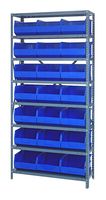 QUANTUM STORAGE 1275-425BL Shelving Unit, 8 Shelves, 21 Bins, Blue, 75 " X 12 " X 36 "