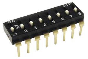 E-SWITCH KAS2108E DIP / SIP Switch, Raised Slide, 8 Circuits, Slide, Through Hole, Right Angle, SPST-NO, 24 V, 25 mA