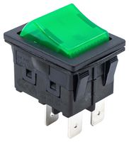E-SWITCH RBW2ABLKGILEF3 Rocker Switch, 12V, Off-On, DPST, Illuminated, Panel, Snap-In, Green, RBW2 Series