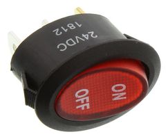 E-SWITCH RE11131023-115 Rocker Switch, Curved, Off-On, SPST, Illuminated, Panel, Snap-In, Transparent Red, RE1 Series