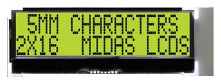 MIDAS DISPLAYS MCCOG21605C6W-SPTLYI Alphanumeric LCD, 16 x 2, Black on Yellow / Green, 5V, I2C, English, Japanese, Transflective