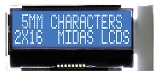 MIDAS DISPLAYS MCCOG21605B6W-BNMLWI Alphanumeric LCD, 16 x 2, White on Blue, 3V to 5V, I2C, English, Japanese, Transmissive