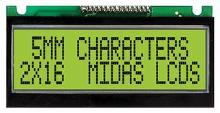 MIDAS DISPLAYS MC21605F6WE-SPTLY Alphanumeric LCD, 16 x 2, Black on Yellow / Green, 5V, Parallel, English, Japanese, Transflective