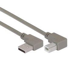 L-COM CA90LA-90LB-1M USB Cable, 90° Type A Plug to 90° Type B Plug, 1 m, 3.3 ft, USB 2.0, Gray