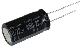 RUBYCON 450PX22MEFC12.5X25 Electrolytic Capacitor, Miniature, 22 µF, 450 V, ± 20%, PC Pin, 2000 hours @ 105°C, Polar