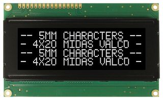MIDAS DISPLAYS MC42005A12W-VNMLW LCD Alfanumérico, 20 x 4, Blanco sobre Negro, 5 V, Paralelo, Inglés, Japonés, Transmisivo