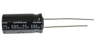 NICHICON UHE1E681MPD1TD Capacitor Electrolítico, Miniatura, 680 µF, 25 V, ± 20%, Pin de PC, 1000 horas a 85°C, Polar