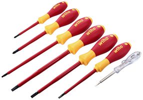 WIHA 32087 Screwdriver Set, Insulated, 4 to 6.5mm Slotted, 1 to #3 Phillips, #2 Square, Voltage Detector