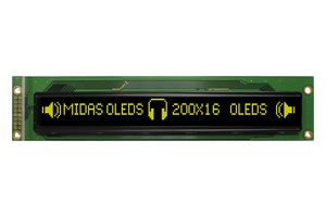 MIDAS DISPLAYS MCOB200016AV-YP Graphic OLED, 200 x 16 Pixels, Yellow on Black, 5V, Parallel, 182mm x 38.5mm, -40 °C
