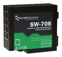 BRAINBOXES SW-708 Switch, 8 Ports, Industrial, Unmanaged Fast Ethernet, DIN Rail, RJ45 x 8, 10Mbps, 100Mbps