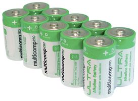 MULTICOMP PRO BT05895 Battery, 1.5 V, D, Alkaline, 7200 mAh, Raised Positive and Flat Negative, 10