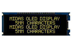 MIDAS DISPLAYS MDOB42005CV-EYM Alphanumeric OLED, 20 x 4, Yellow on Black, 5V, Multi, Cyrillic, English, Euro, 4.77 mm