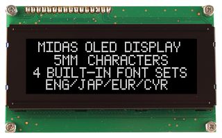 MIDAS DISPLAYS MCOB42005A1V-EWP Alphanumeric OLED, 20 x 4, White on Black, 3V to 5V, Parallel, English, Cyrillic, Euro, Japanese