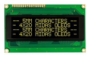 MIDAS DISPLAYS MCOB42005A1V-EYP Alphanumeric OLED, 20 x 4, Yellow on Black, 5V, Parallel, English, Cyrillic, Euro, Japanese
