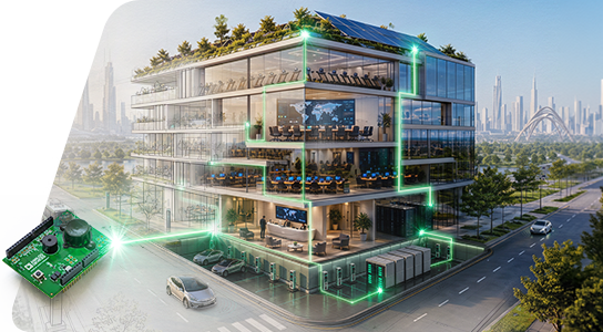 Edificio comercial inteligente con infraestructura electrónica conectada y sistemas de gestión de energía.