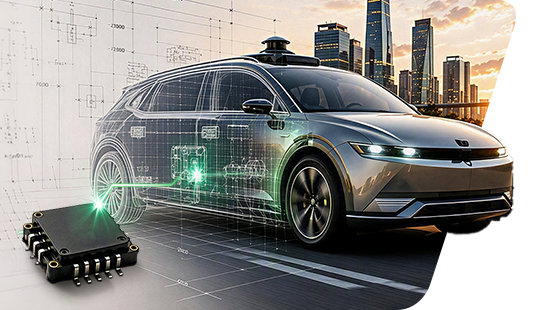 Vehículo eléctrico con visualización digital de electrónica a bordo y un módulo semiconductor, mostrando soluciones de potencia y conectividad automotriz.