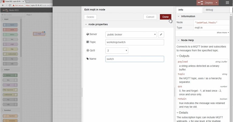 Figure 6: Configuring Node-Red for MQTT (AWS server)