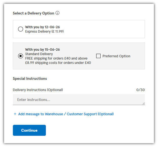 Delivery Selection & Order Options
