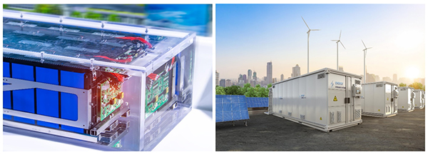 . The range of energy storage systems extends from small battery systems (3 to 20 kWh, left) for households to large ones (100 kWh to 5 MWh, right) for grid operators