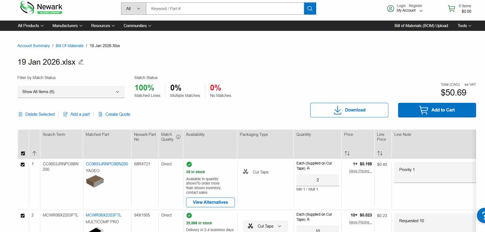 Newark BOM tool step 2