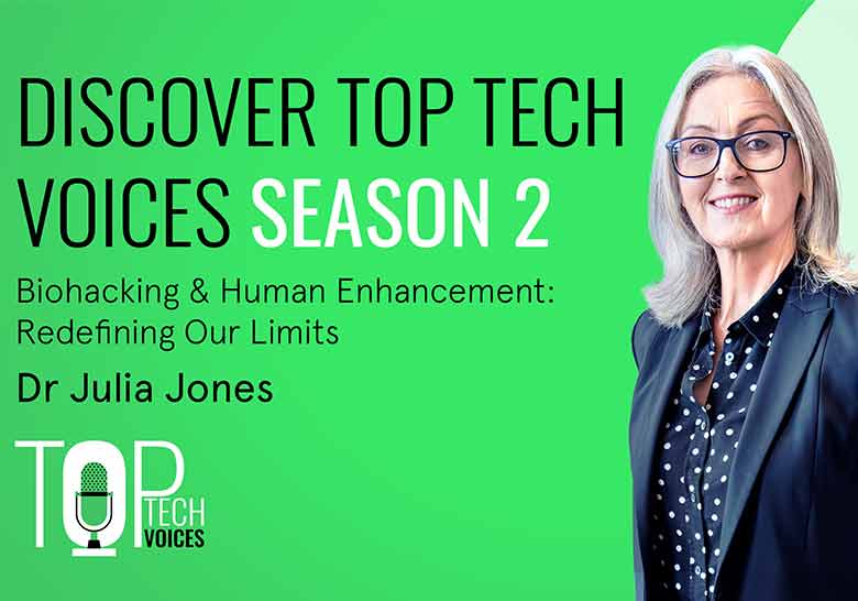 Miniatura de YouTube de la entrevista de Top Tech Voices con la Dra. Julia Jones sobre biohacking, sueño y formación de hábitos